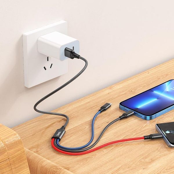 Кабель HOCO X76 USB to iP+Type-C+Micro 2A, 1m, nylon, aluminum connectors Black+Red+Blue 6931474768636 фото