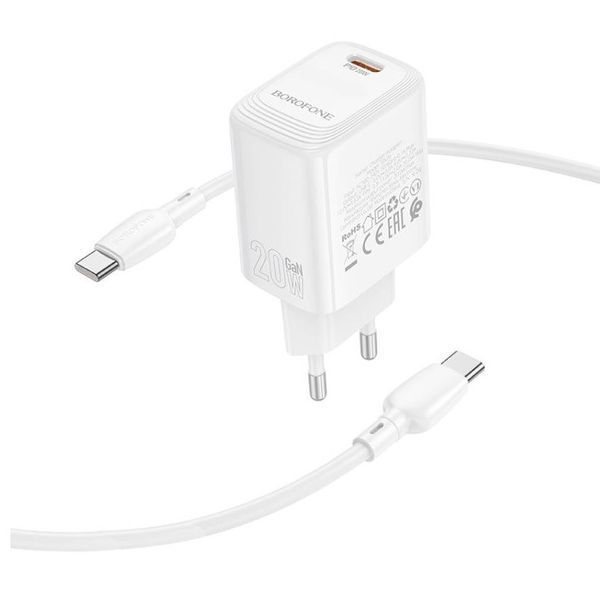 Сетевое зарядное устройство с кабелем BOROFONE BN26 Fuente single-port PD20W charger set (C to C) (EU) White 6941991120251 фото