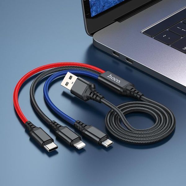 Кабель HOCO X76 USB to iP+Type-C+Micro 2A, 1m, nylon, aluminum connectors Black+Red+Blue 6931474768636 фото