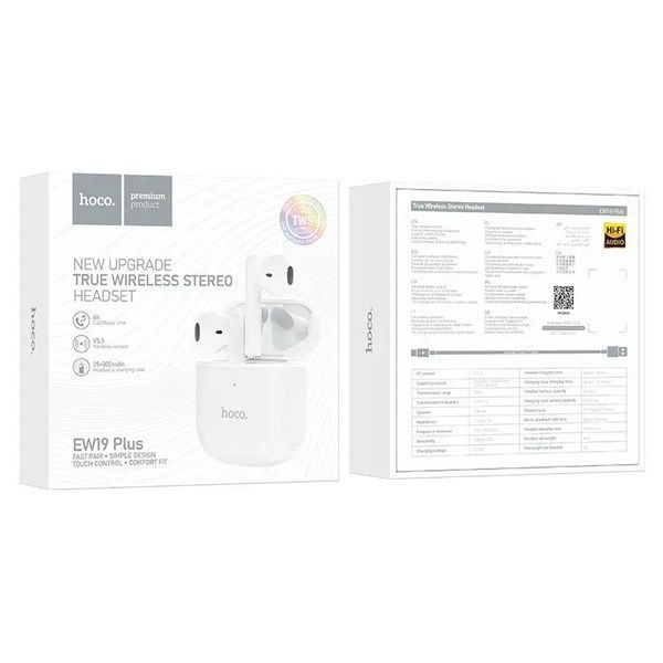 Бездротові навушники Bluetooth Hoco EW19 Plus TWS Світло Білі 202-00164 фото