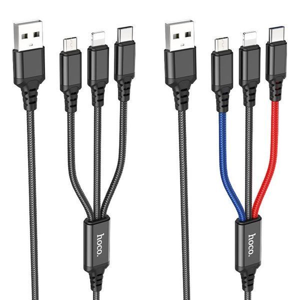 Кабель HOCO X76 USB to iP+Type-C+Micro 2A, 1m, nylon, aluminum connectors Black+Red+Blue 6931474768636 фото