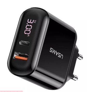 Мережевий зарядний пристрій UsamsUS-CC085 T23 QC3.0+PD3.0 18W Digital Display black 656-01388 фото