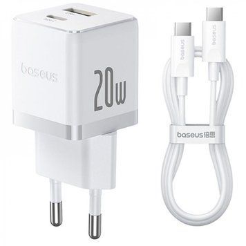 СЗУ Baseus Palm Fast Charger 20W (Type-C + USB) 20W + Кабель Type-C to Type-C 60W (1m) White P10111608213-01 фото