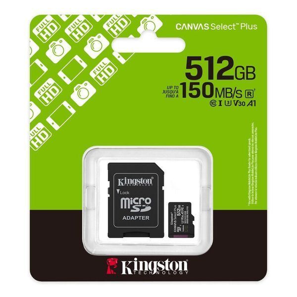 Карта памяти microSDXC (UHS-1 U3) Kingston Canvas Select Plus Gen3 512Gb class 10 А1 V30 (R-150MB/s) (adapter SD) SDCS3/512GB фото