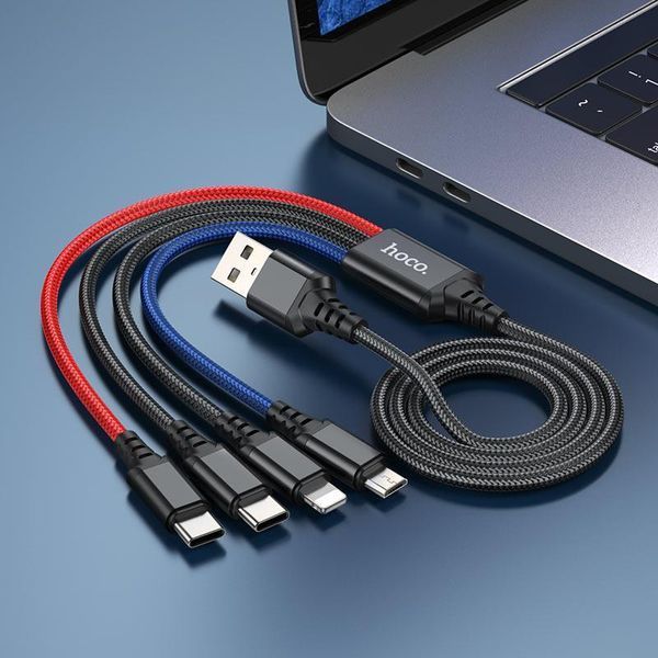 Кабель HOCO X76 USB to iP+Type-C+Type-C+Micro 2A, 1m, nylon, aluminum connectors Black+Red+Blue 6931474768650 фото