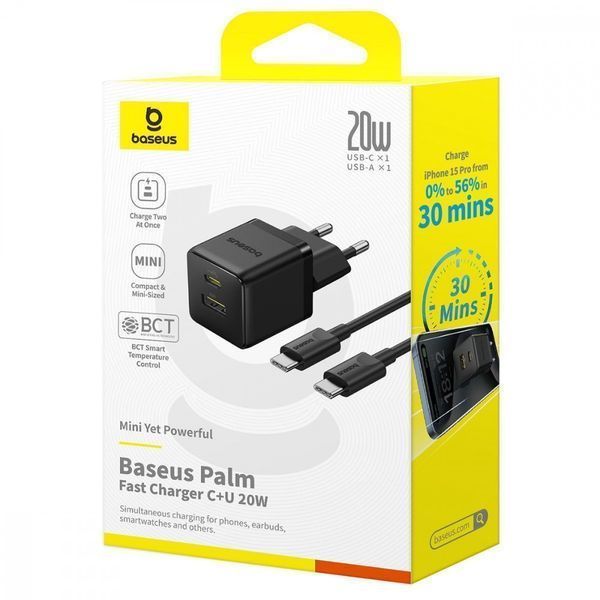 МЗП Baseus Palm Fast Charger 20W (Type-C + USB) 20W + Кабель Type-C to Type-C 60W (1m) White P10111608213-01 фото