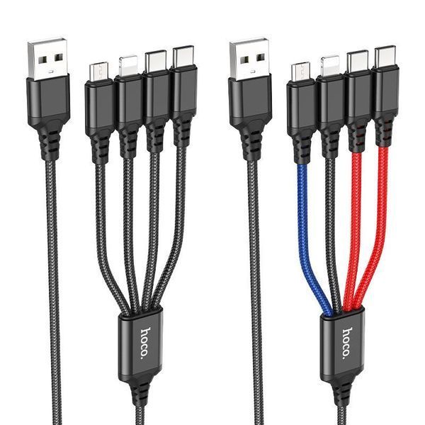 Кабель HOCO X76 USB to iP+Type-C+Type-C+Micro 2A, 1m, nylon, aluminum connectors Black+Red+Blue 6931474768650 фото