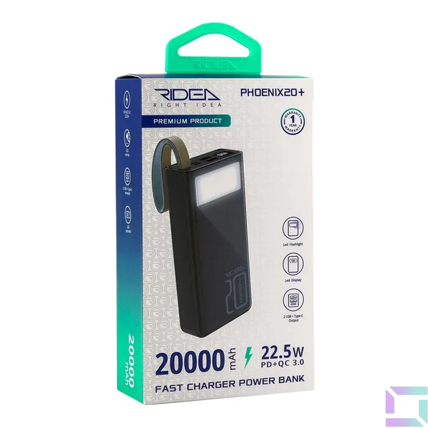Портативний акумулятор Power Bank Ridea RP-D20L+ Phoenix20+ PD/QC 3.0 20W digital display + lamp 20000 mAh Чорний 216-00031 фото