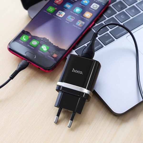 Сетевое зарядное устройство с кабелем HOCO C12Q Smart QC3.0 charger set(Micro) 18W Black 6931474716279 фото
