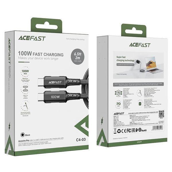 Кабель ACEFAST C4-03 Type-C to Type-C 5A, 100W, 2m, nylon, zinc connectors, Black 6974316280996 фото