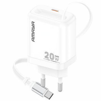 Сетевое зарядное устройство Amaya E220S PD20W GaN (1USB-C) + Retractable Cable Type-C white 656-08085 фото