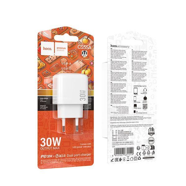 Мережевий зарядний пристрій HOCO CS55A Surplus PD30W+QC3.0 charger White 6942007631549 фото