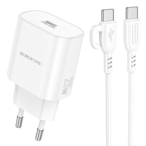 Сетевое зарядное устройство с кабелем BOROFONE BA82A Platinum single port PD25W charger set(C to C)(EU) White 6941991112270 фото