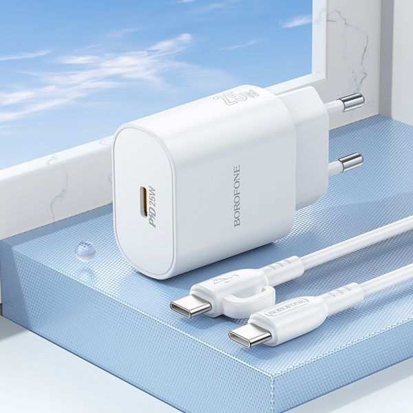 Сетевое зарядное устройство с кабелем BOROFONE BA82A Platinum single port PD25W charger set(C to C)(EU) White 6941991112270 фото
