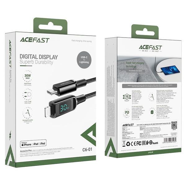 Кабель ACEFAST C6-01 Type-C to iP, 3A, 30W, 1.2m, nylon, zinc connectors, Black 6974316281030 фото