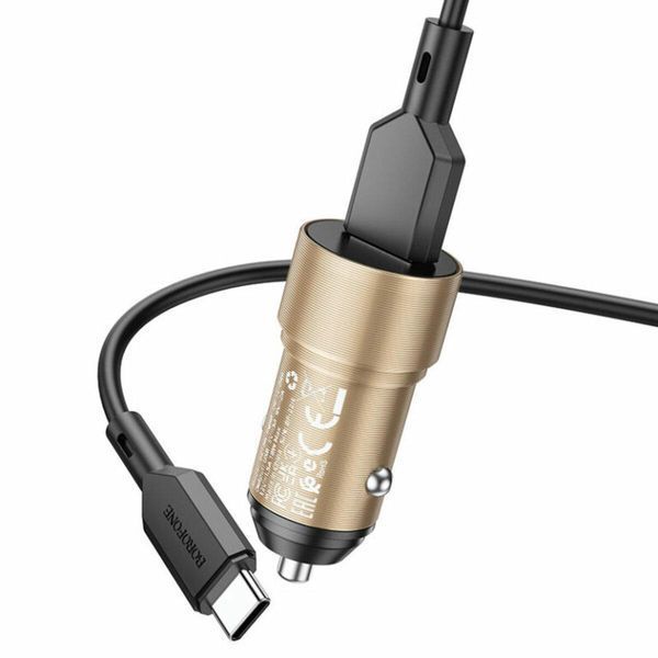 Автомобильное зарядное устройство BOROFONE BZ19A Wisdom single port QC3.0 car charger set(Type-C) 18W Gold 656-00298 фото
