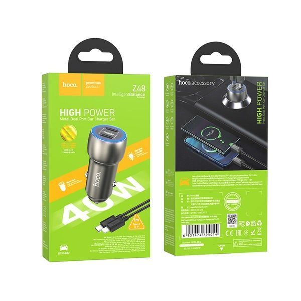 Автомобильное зарядное устройство HOCO Z48 Tough 40W dual port(2C) car charger set(C to iP) Metal Gray 656-00354 фото