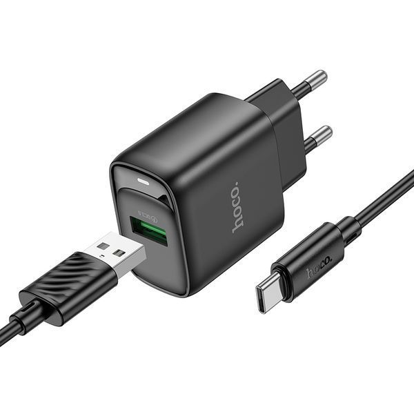 Сетевое зарядное устройство с кабелем HOCO C140A Smart single port QC3.0 charger set(Type-C)(EU) Black 6942007627825 фото