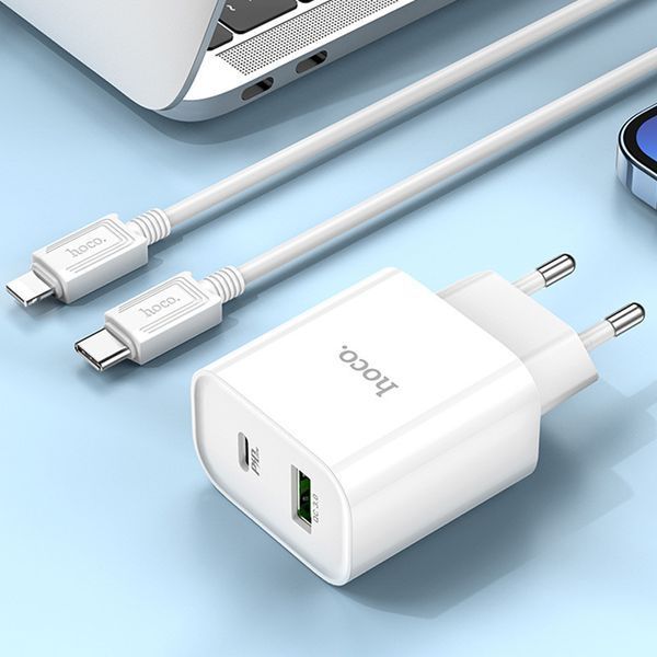 СЗУ Hoco C80A Plus Rapido PD20W+QC3.0 (1USB-A/1C) + кабель Type-C to Lightning White ILSO-00000071085-1 фото