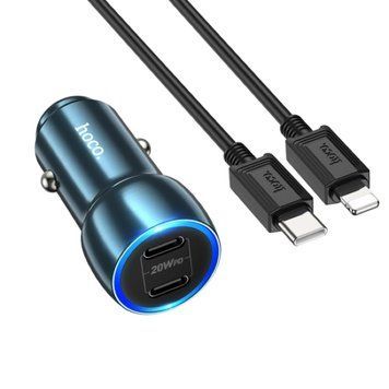 Автомобильное зарядное устройство HOCO Z48 Tough 40W dual port(2C) car charger set(C to iP) Sapphire Blue 656-00355 фото