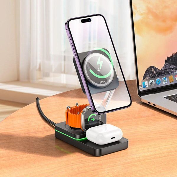 Беспроводное зарядное устройство HOCO CQ10 Consuelo folding 3-in-1 Wireless Fast Charger Black 656-01270 фото