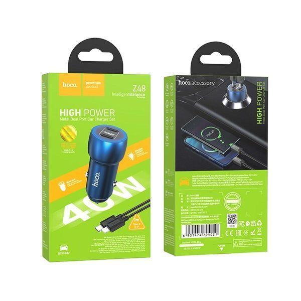Автомобильное зарядное устройство HOCO Z48 Tough 40W dual port(2C) car charger set(C to iP) Sapphire Blue 656-00355 фото