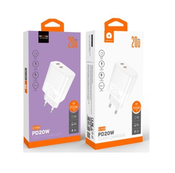 Мережевий зарядний пристрій WUW-C193 PD20W Charger USB C + USB C white 656-01399 фото