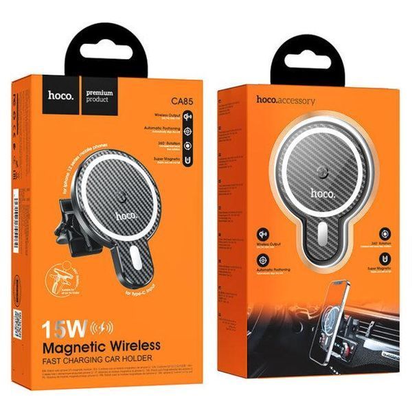 Автодержатель для телефона с БЗУ HOCO CA85 Ultra-fast magnetic wireless charging car holder Black 6931474745484 фото