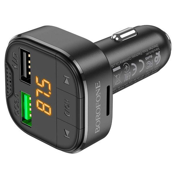 Автомобільний зарядний пристрій з FM-модулятором BOROFONE BC43 Flash QC3.0 car BT FM transmitter 18W Black 656-00573 фото