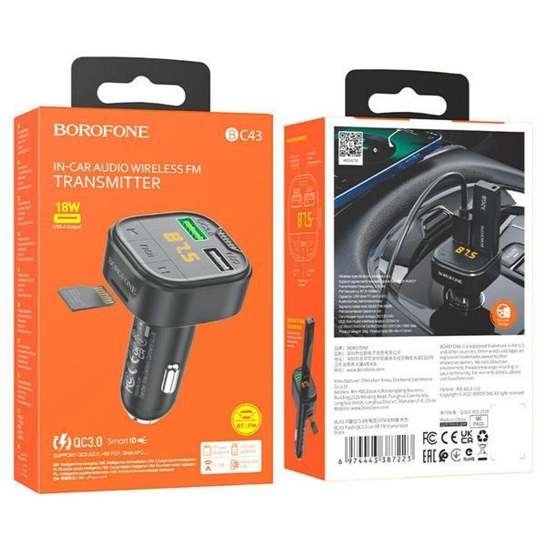 Автомобільний зарядний пристрій з FM-модулятором BOROFONE BC43 Flash QC3.0 car BT FM transmitter 18W Black 656-00573 фото
