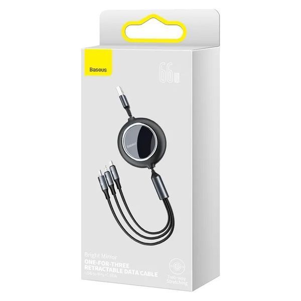 Кабель Baseus Bright Mirror 2 Series Retractable 3-in-1 Fast Charging Data Cable USB to M+L+C 66W 1.1m Black CAMJ010101 фото