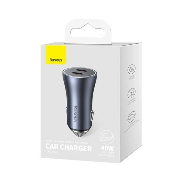 Автомобильное зарядное устройство Baseus Golden Contactor Pro Dual Fast Charger Car Charger C+C 40W Dark Gray 656-00545 фото