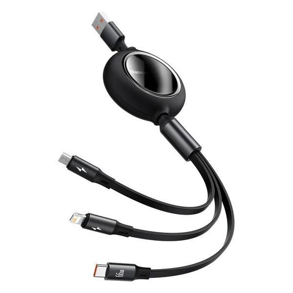 Кабель Baseus Bright Mirror 2 Series Retractable 3-in-1 Fast Charging Data Cable USB to M+L+C 66W 1.1m Black CAMJ010101 фото