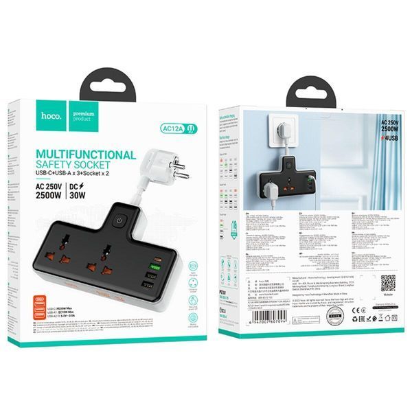 Сетевой удлинитель HOCO AC12A Reise 2-position expansion socket(PD30W/1C3A) Black 656-03193 фото