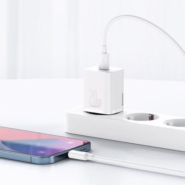Сетевое зарядное устройство с кабелем Baseus Super Si 1C 20W With Simple Wisdom Data Cable Type-C/iP 1m White TZCCSUP-B02 фото