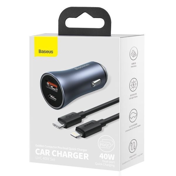 Автомобильное зарядное устройство Baseus Golden Contactor Pro Dual Car Charger U+C 40W (With Cable Type-C/ iP 1m) Dark Grey TZCCJD-B0G фото