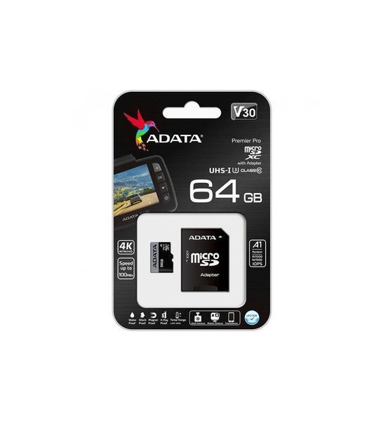 Карта памяти microSDXC (UHS-1 U3) A-DATA Premier Pro 64Gb Class 10 V30S A2 (R-100Mb/s W85Mb/s) (adapter SD) AUSDX64GUI3V30SA2-RA1 фото