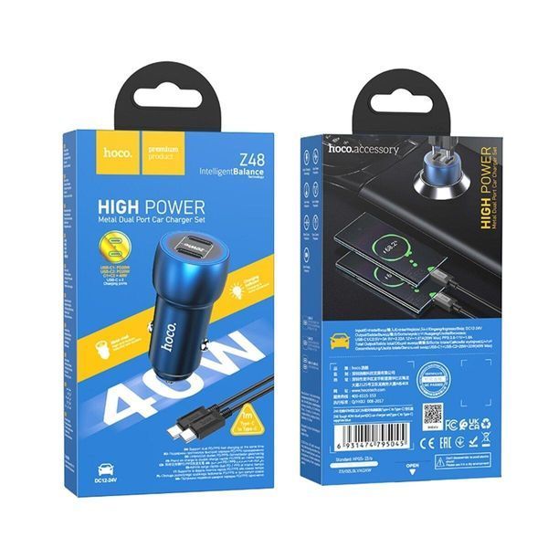 Автомобильное зарядное устройство HOCO Z48 Tough 40W dual port(2C) car charger set(Type-C to Type-C) Sapphire 656-00357 фото