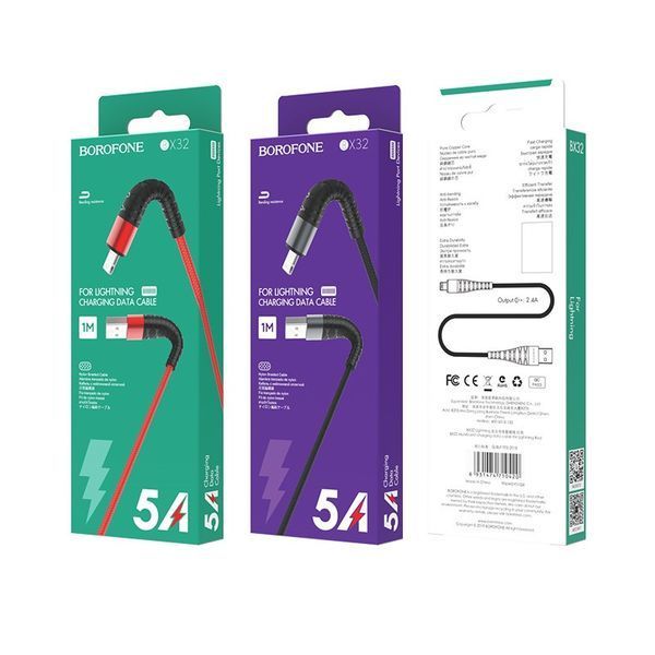 Кабель BOROFONE BX32 USB to iP 2.4A, 1m, nylon, aluminum+TPE connectors, Black 6931474710413 фото
