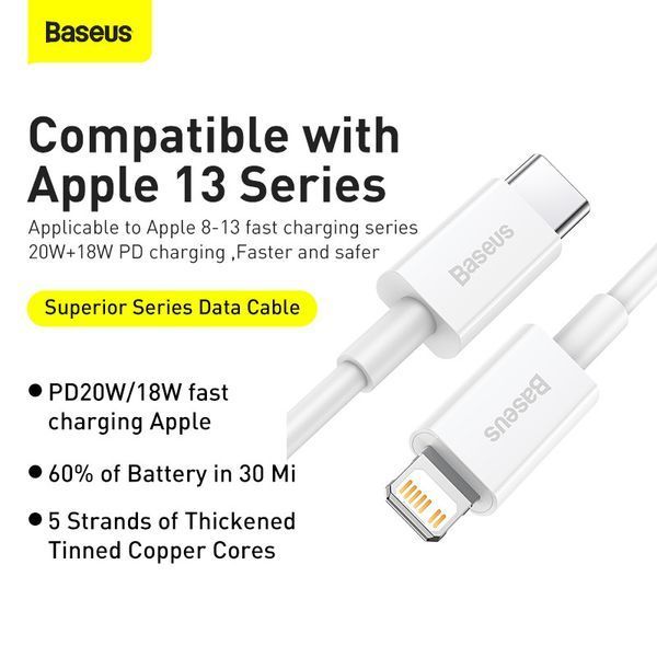 Кабель Baseus Superior Series Fast Charging Data Cable Type-C to iP PD 20W 1.5m White CATLYS-B02 фото