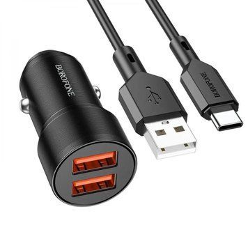Автомобільний зарядний пристрій BOROFONE BZ19B Wisdom 36W dual port QC3.0 car charger set(Type-C) Black 656-00302 фото