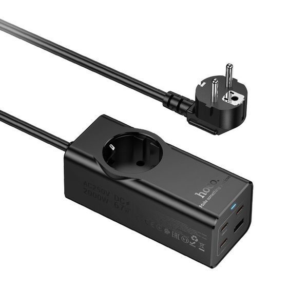 Мережевий подовжувач HOCO NS9 Wisdom 1-position (PD67W/3C1A) desktop socket (EU/GER) (2 m) Black 6942007638494 фото