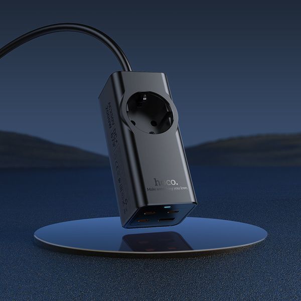 Мережевий подовжувач HOCO NS9 Wisdom 1-position (PD67W/3C1A) desktop socket (EU/GER) (2 m) Black 6942007638494 фото