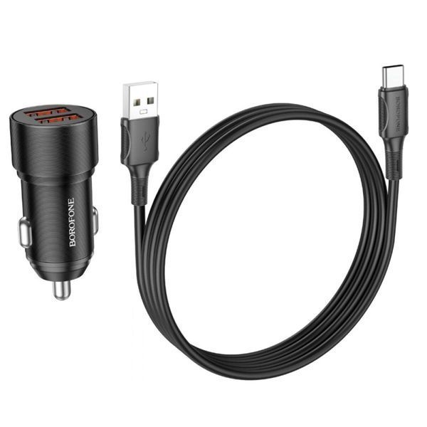 Автомобильное зарядное устройство BOROFONE BZ19B Wisdom 36W dual port QC3.0 car charger set(Type-C) Black 656-00302 фото
