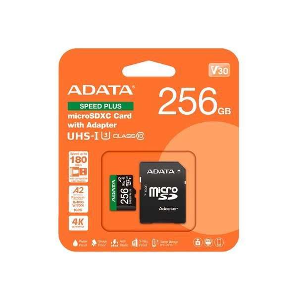 Карта памяти microSDXC (UHS-1 U3) A-DATA SPEED PLUS 256Gb Class 10 V30 A2 (R-180Mb/s W160Mb/s) (adapter SD) UD256GUI3V30A2SP-RA1 фото