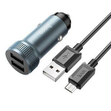 Автомобильное зарядное устройство HOCO Z49 Level dual port car charger set(Micro) Metal Gray 656-00359 фото