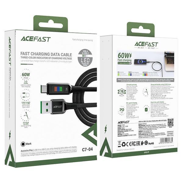 Кабель ACEFAST C7-04 USB to Type-C 3A, 1.2m, nylon, zinc connectors, LED, Black 6974316282785 фото