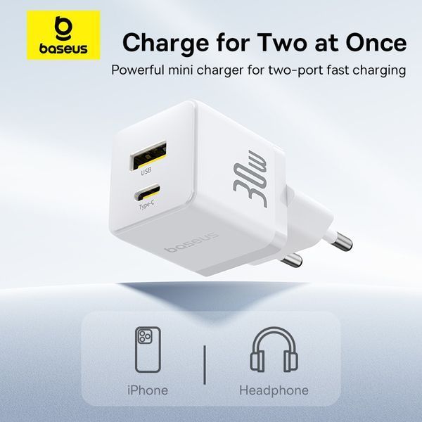 Мережевий зарядний пристрій Baseus Palm Fast Charger C+U 30W EU Moon White P1011160A213-00 фото