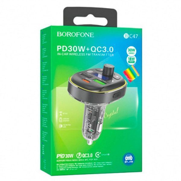 Автомобільний зарядний пристрій з FM-модулятором BOROFONE BC47 Might PD30W+QC3.0 car BT FM transmitter Jazz Metal Gray 656-00576 фото