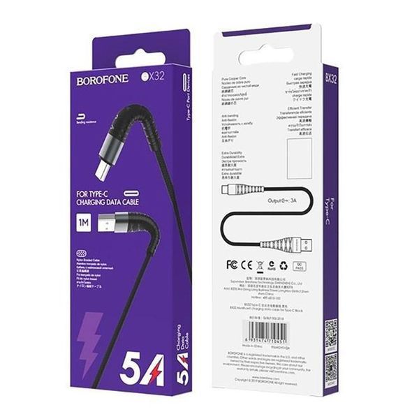 Кабель BOROFONE BX32 USB to Type-C 2.4A, 1m, nylon, aluminum+TPE connectors, Black 6931474710451 фото